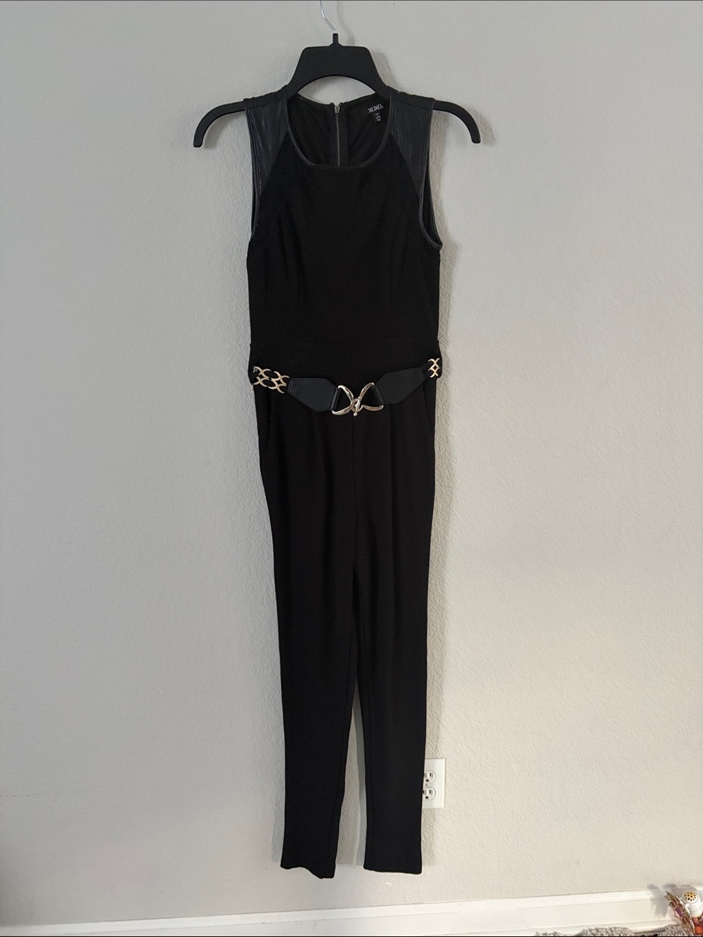XOXO Black Faux Leather Lace Jumpsuit w/ Gold Belt Size S (5/6)